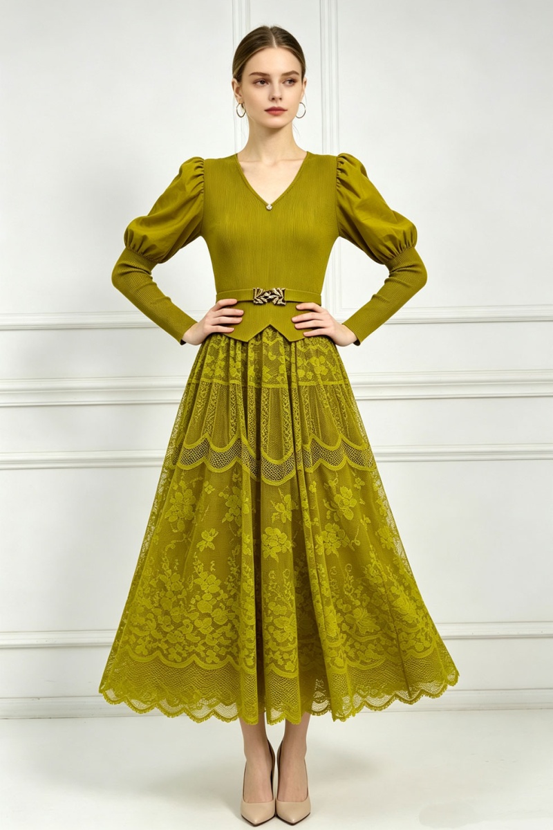 Lantern sleeve long dress pinched waist dress for women