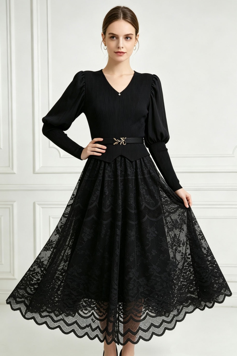 Lantern sleeve long dress pinched waist dress for women