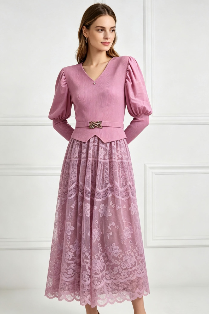 Lantern sleeve long dress pinched waist dress for women