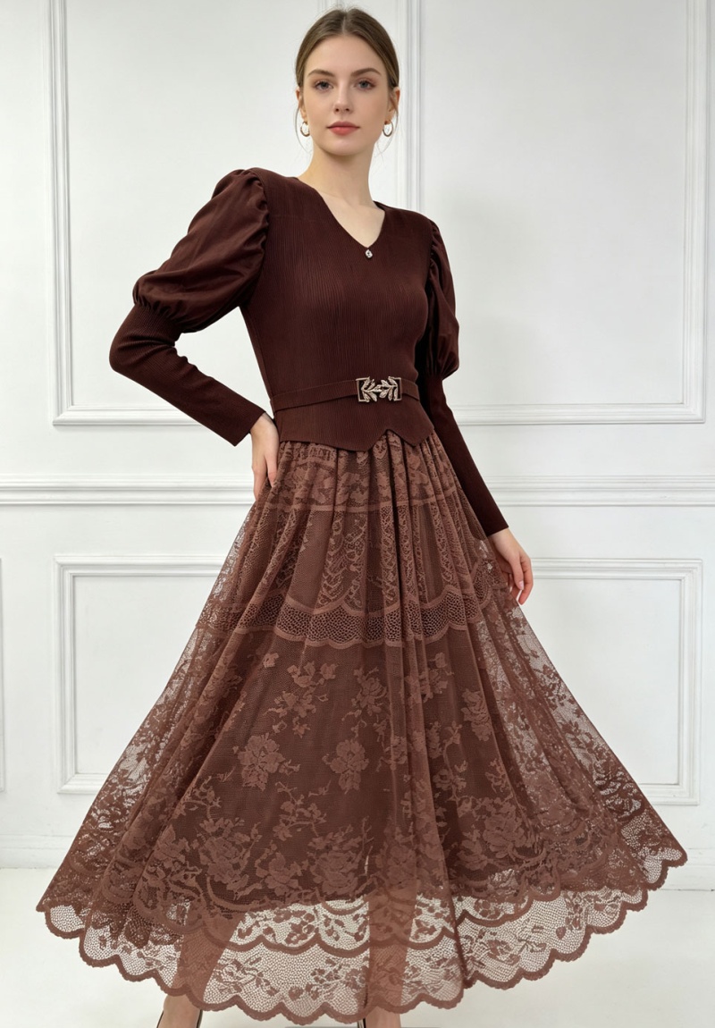Lantern sleeve long dress pinched waist dress for women