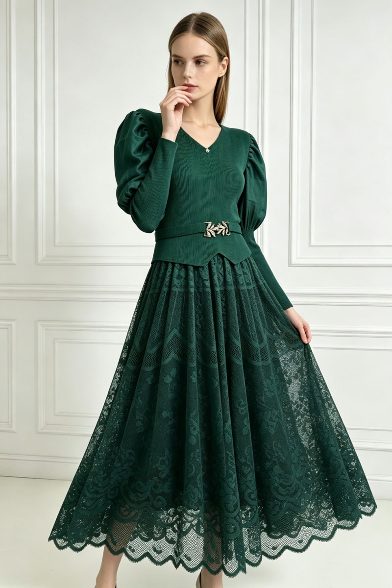Lantern sleeve long dress pinched waist dress for women