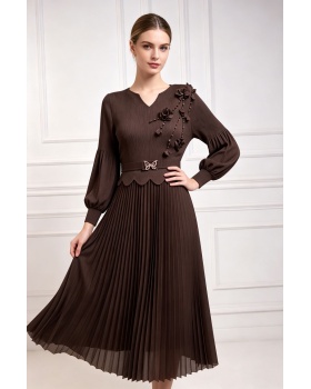 Lantern sleeve fold pinched waist loose dress for women