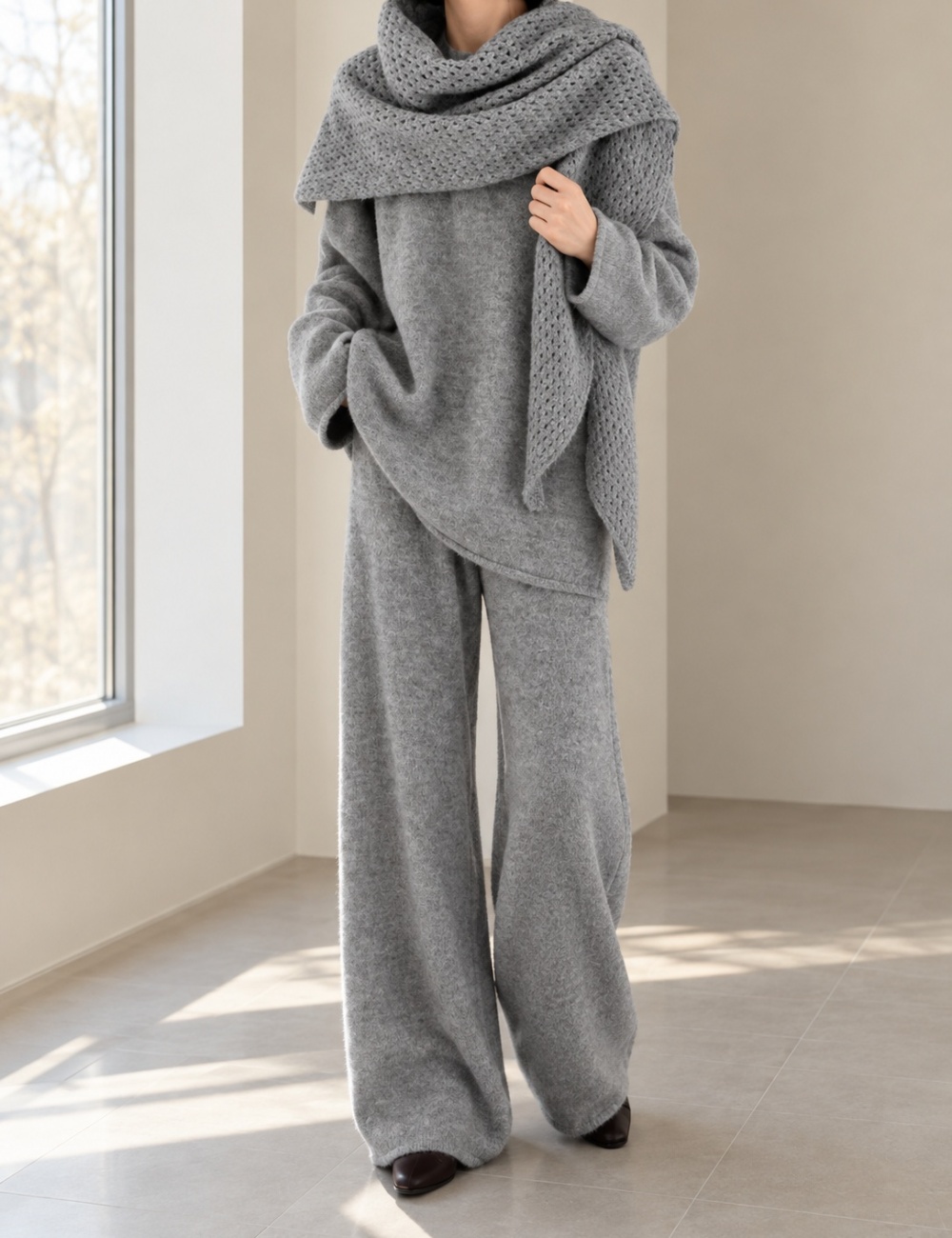 Casual hollow sweater knitted shawl 3pcs set