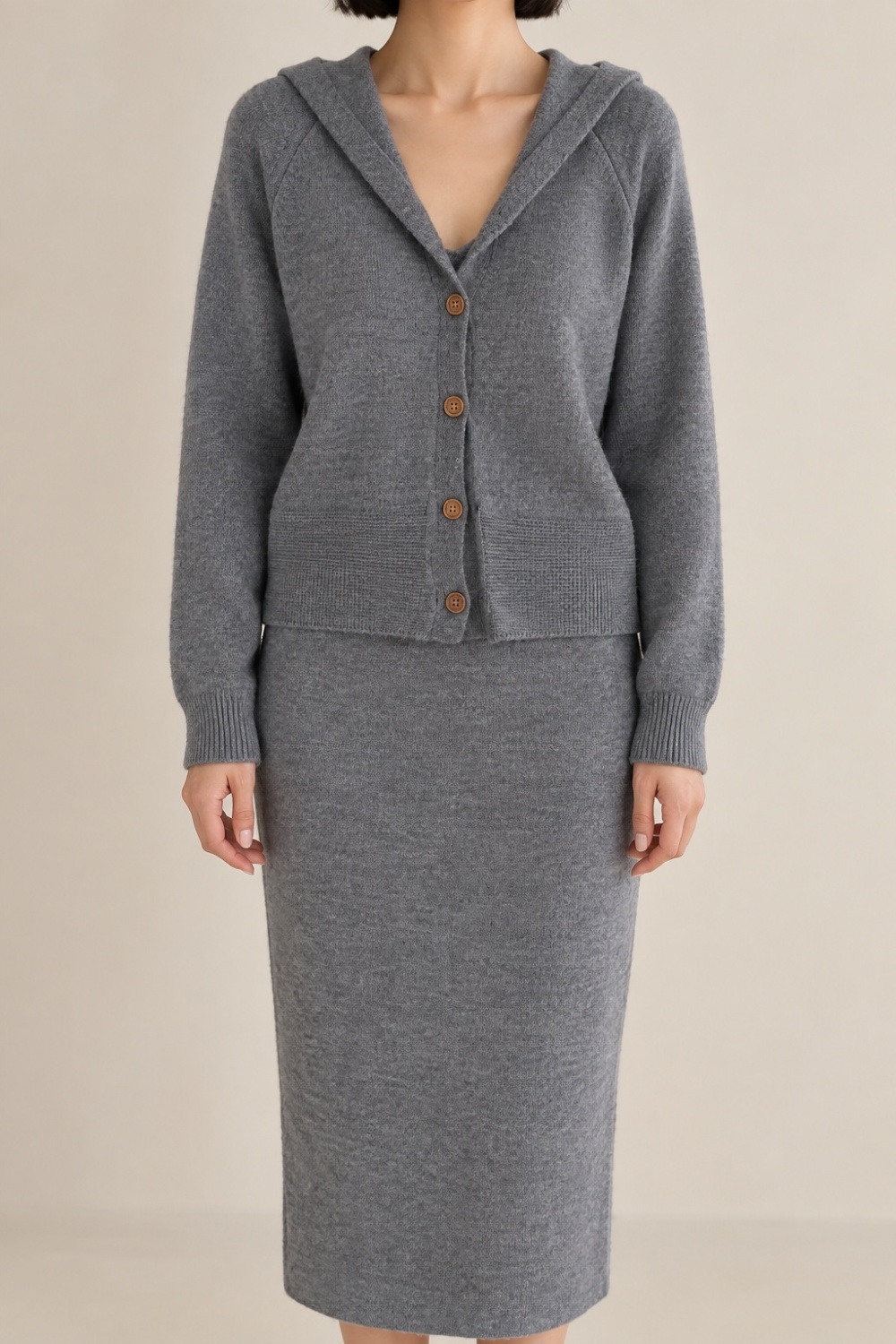 Knitted hooded fashion Korean style dress 2pcs set