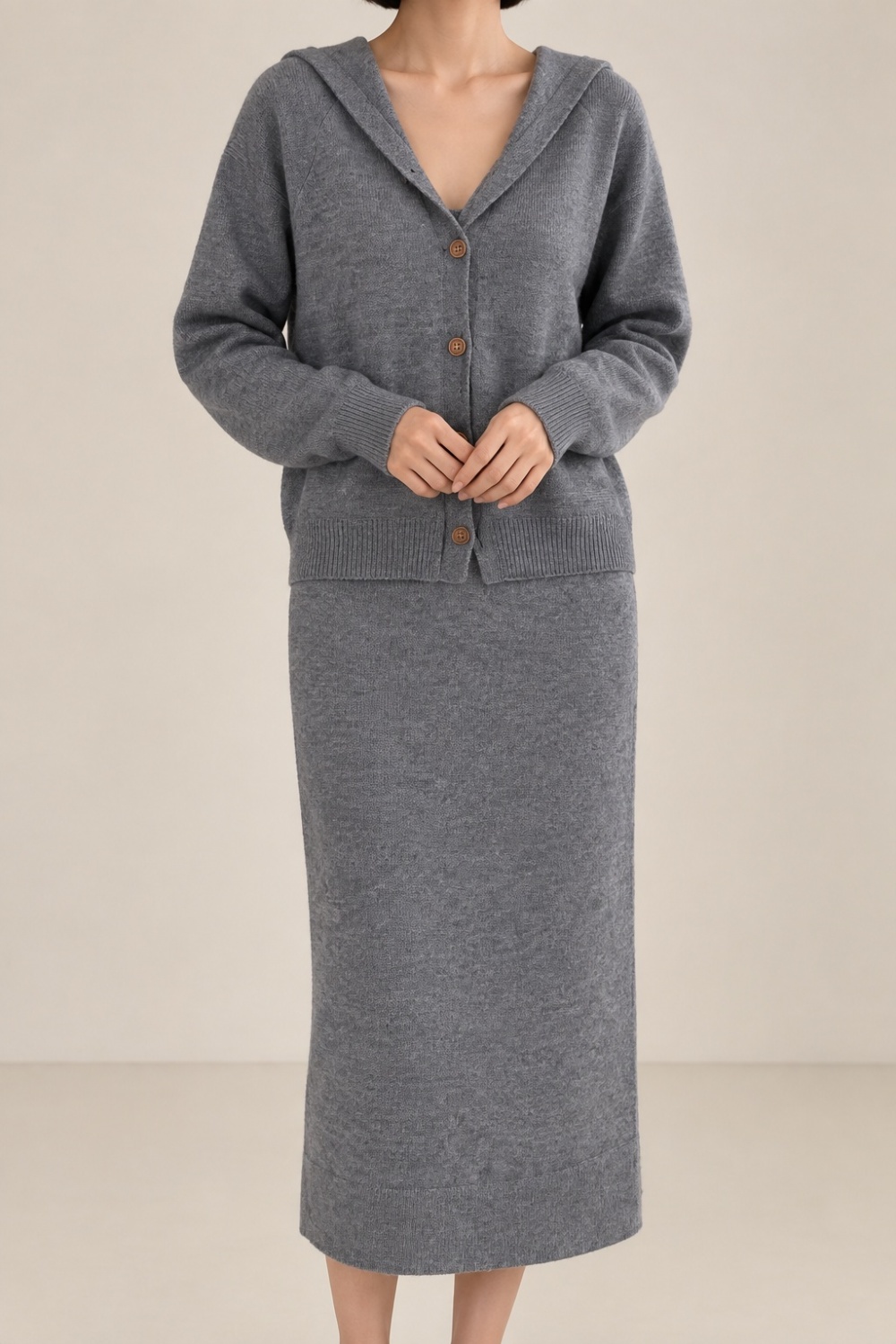 Knitted hooded fashion Korean style dress 2pcs set