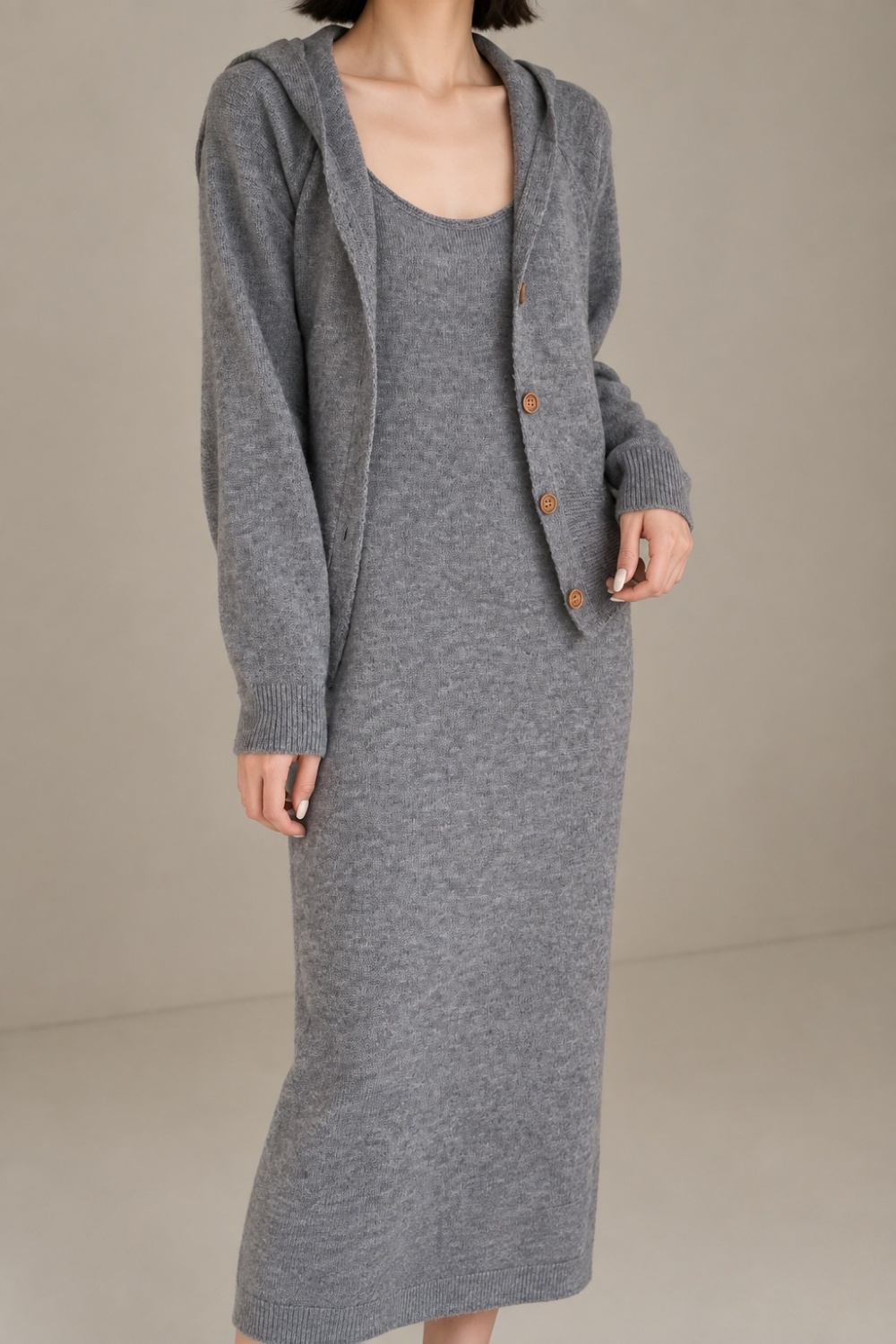 Knitted hooded fashion Korean style dress 2pcs set