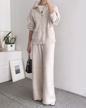 Korean style pocket knitted wide leg pants 2pcs set