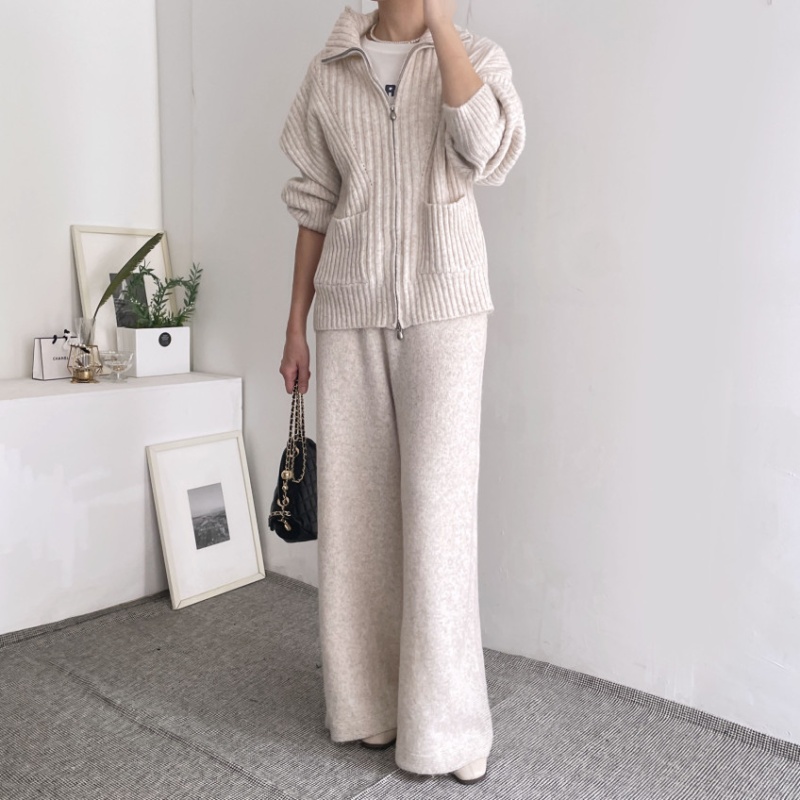 Korean style pocket knitted wide leg pants 2pcs set
