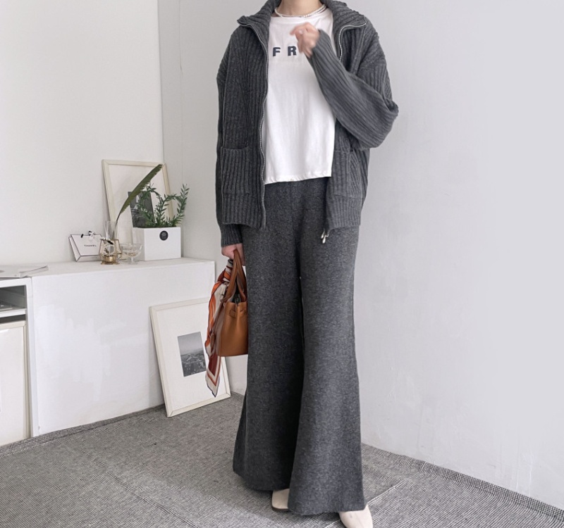 Korean style pocket knitted wide leg pants 2pcs set