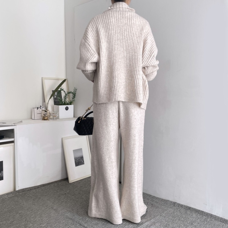 Korean style pocket knitted wide leg pants 2pcs set