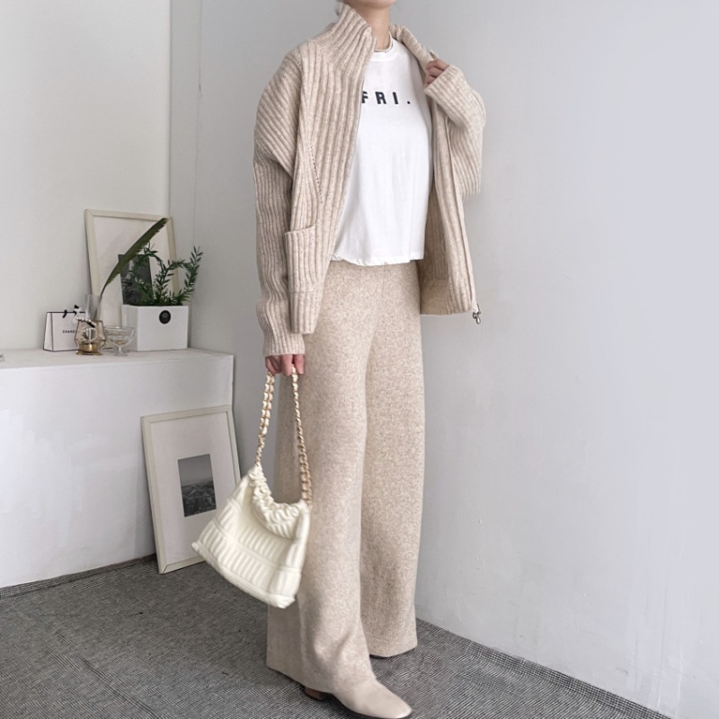 Korean style pocket knitted wide leg pants 2pcs set