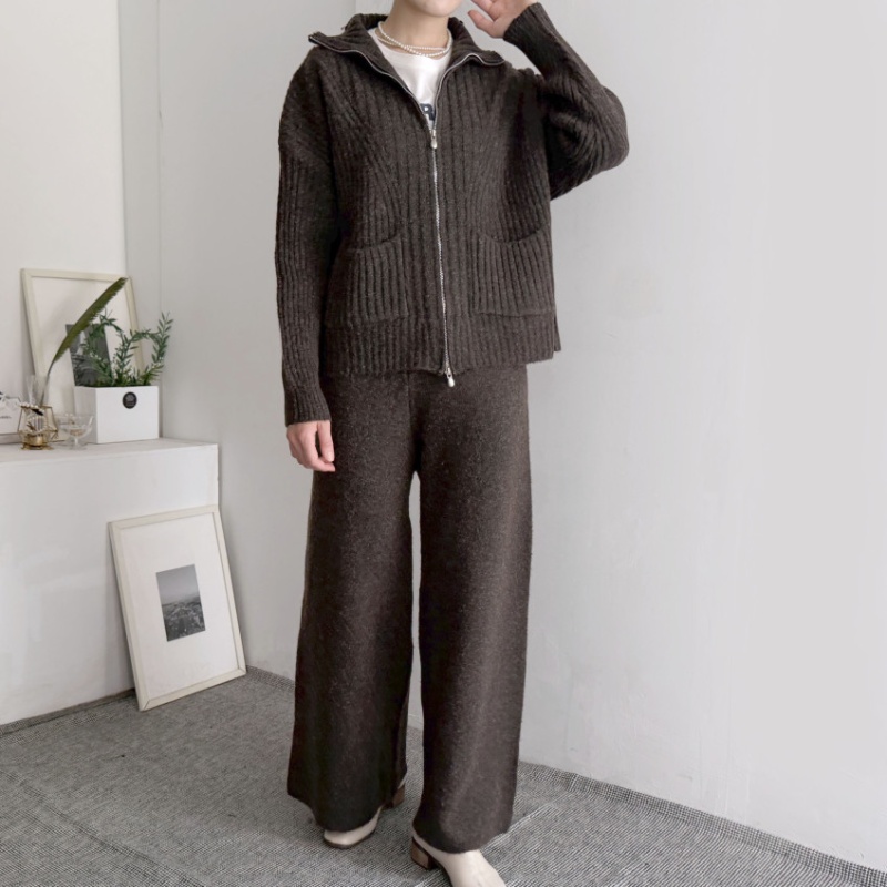 Korean style pocket knitted wide leg pants 2pcs set