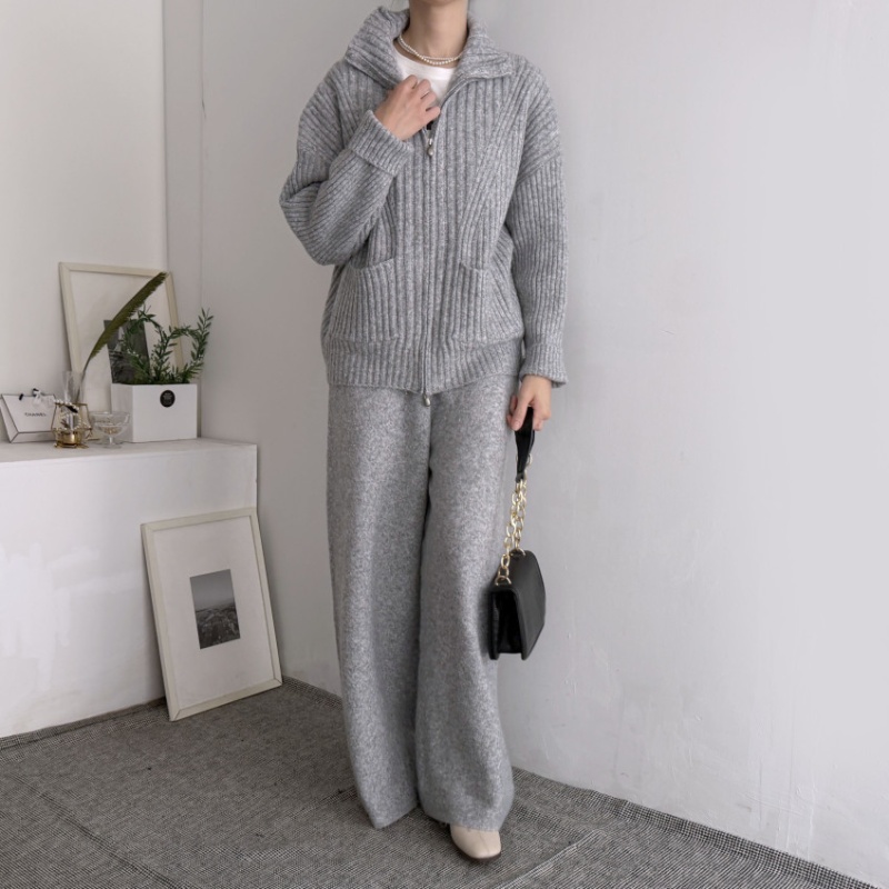 Korean style pocket knitted wide leg pants 2pcs set