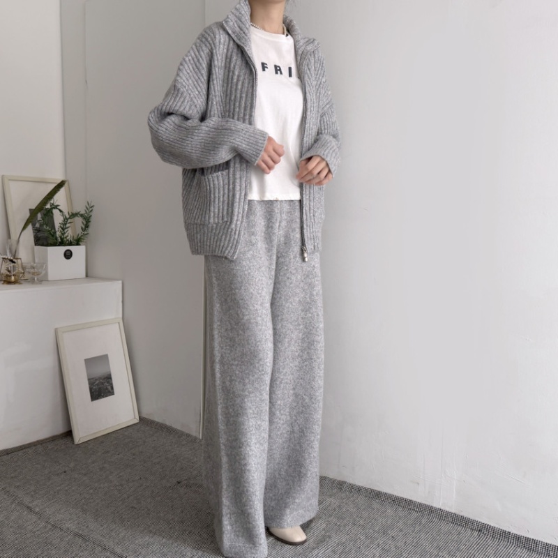 Korean style pocket knitted wide leg pants 2pcs set