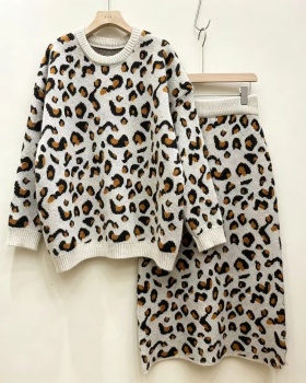 Korean style skirt leopard sweater 2pcs set