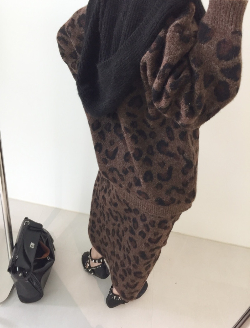 Korean style skirt leopard sweater 2pcs set