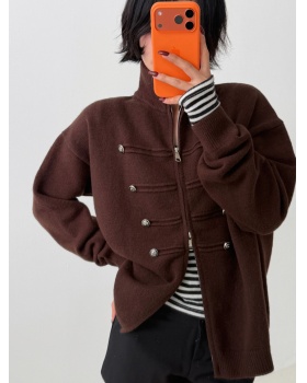 Double zip thick sweater cstand collar long sleeve coat