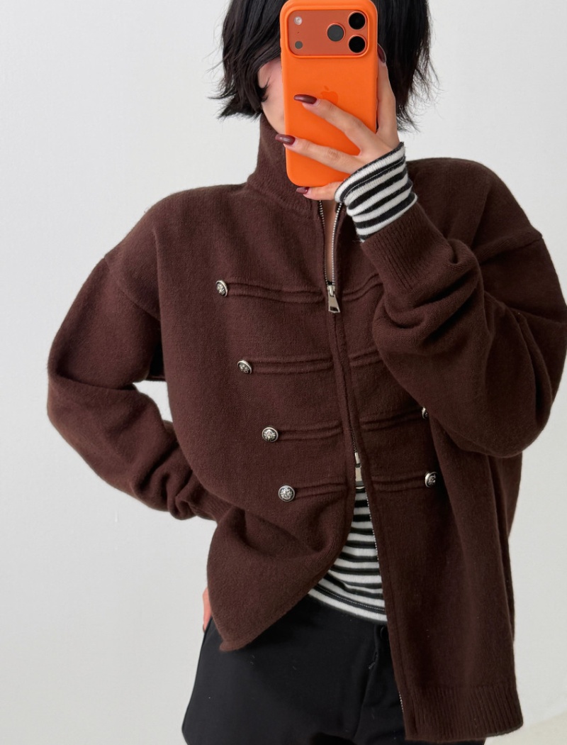 Double zip thick sweater cstand collar long sleeve coat