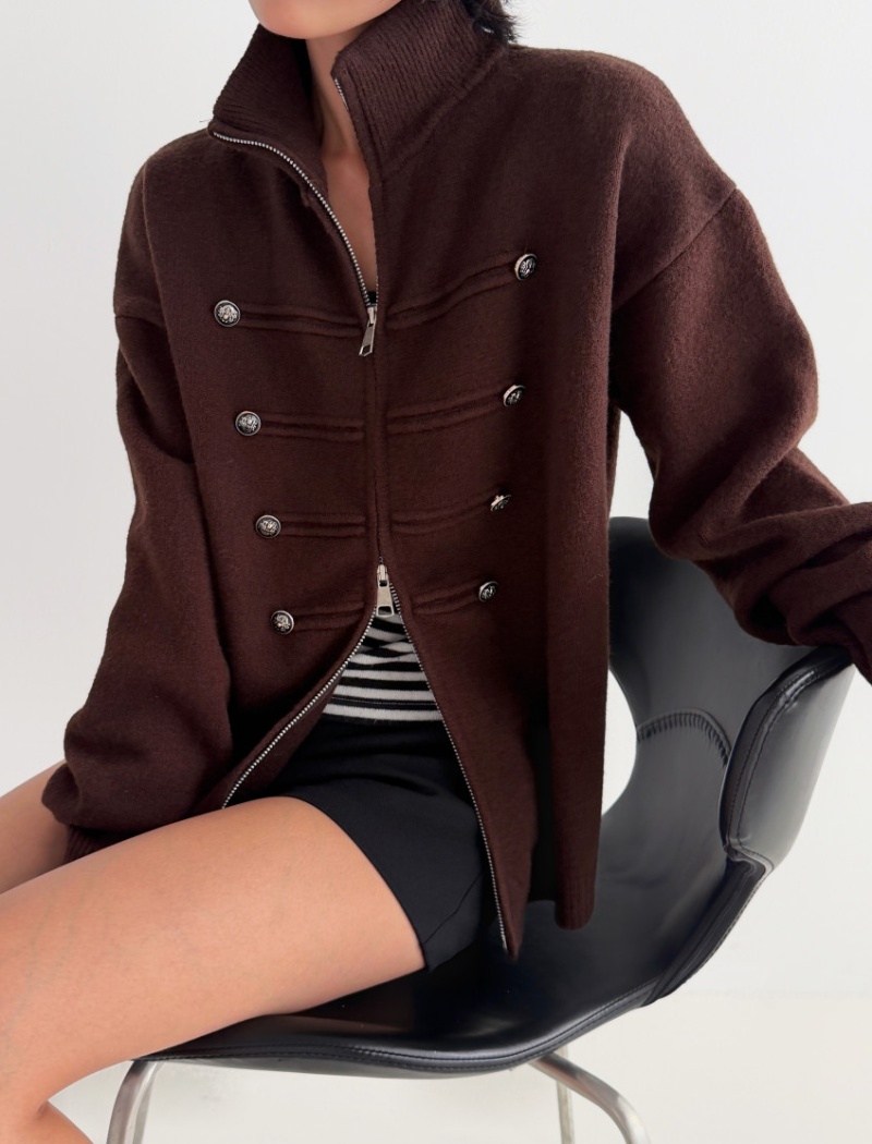Double zip thick sweater cstand collar long sleeve coat