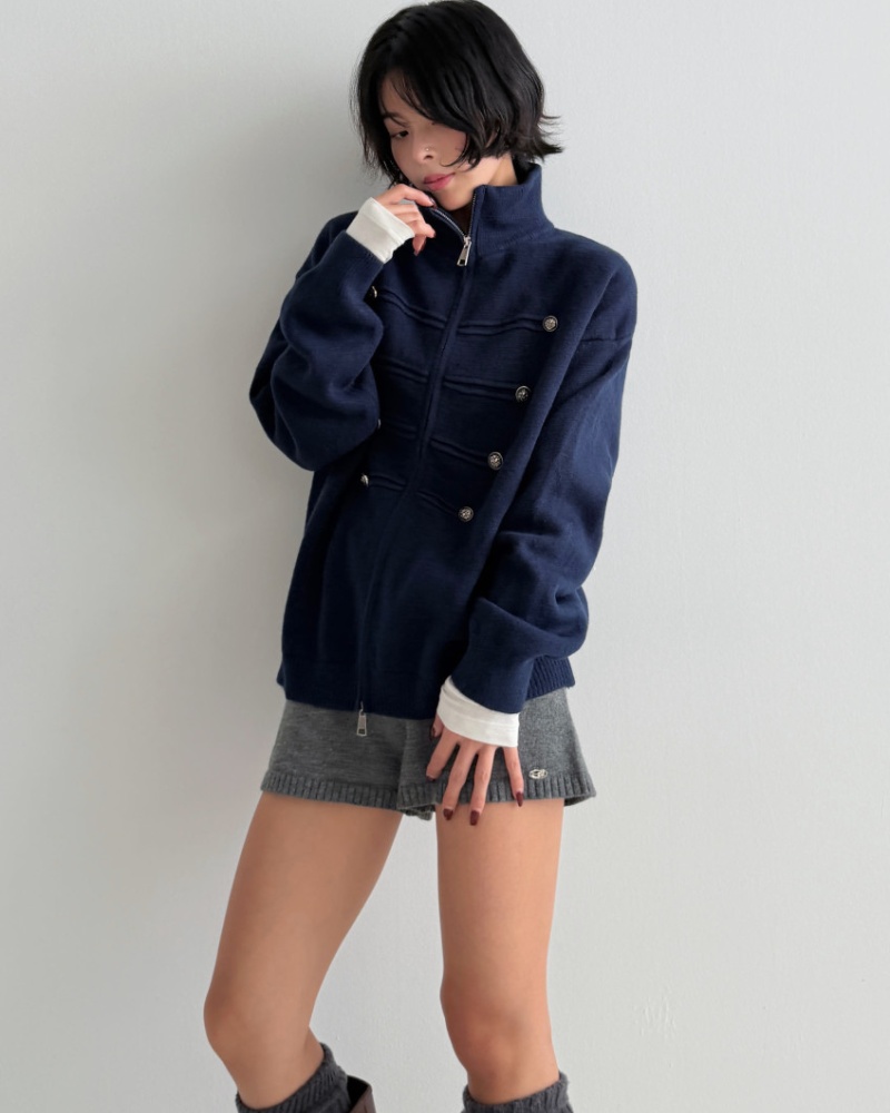 Double zip thick sweater cstand collar long sleeve coat