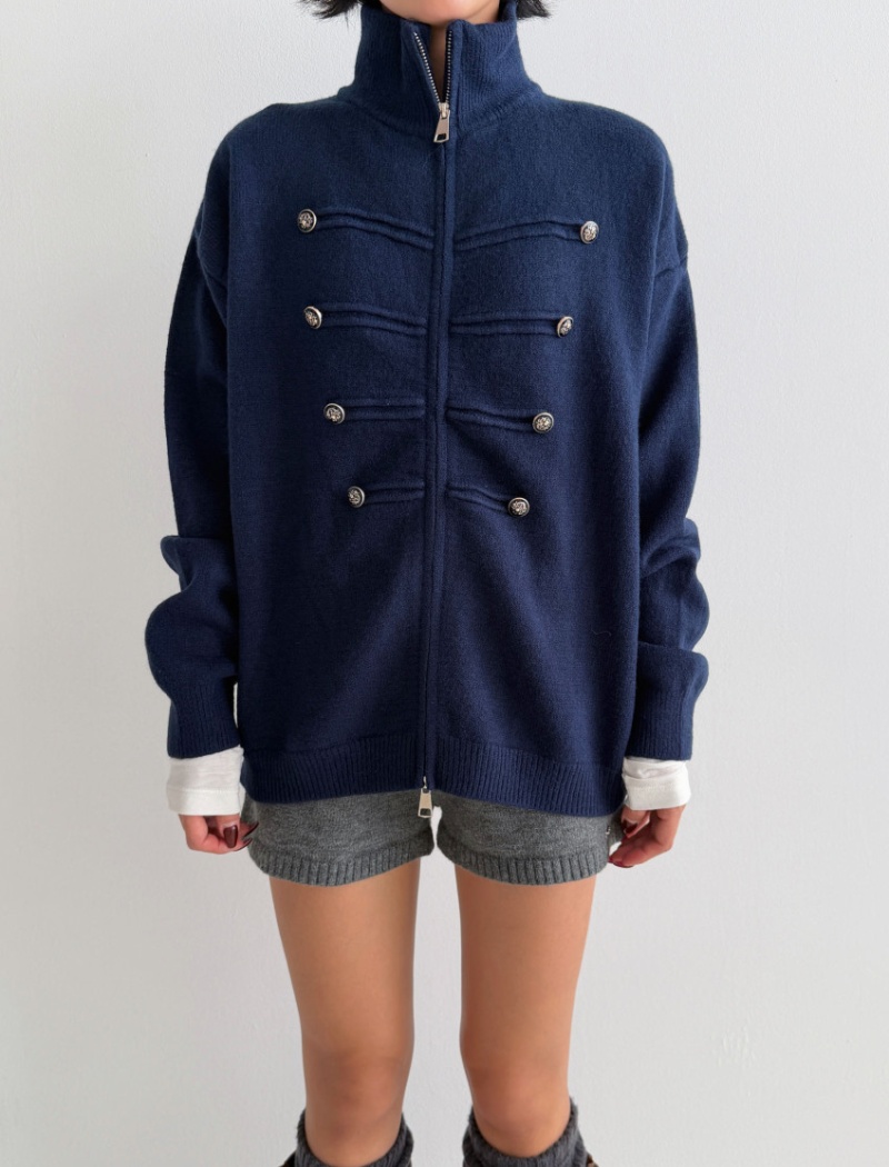 Double zip thick sweater cstand collar long sleeve coat