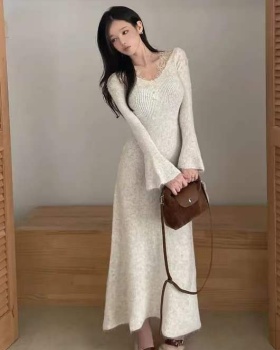 Tender Korean style wool all-match lace embroidery dress