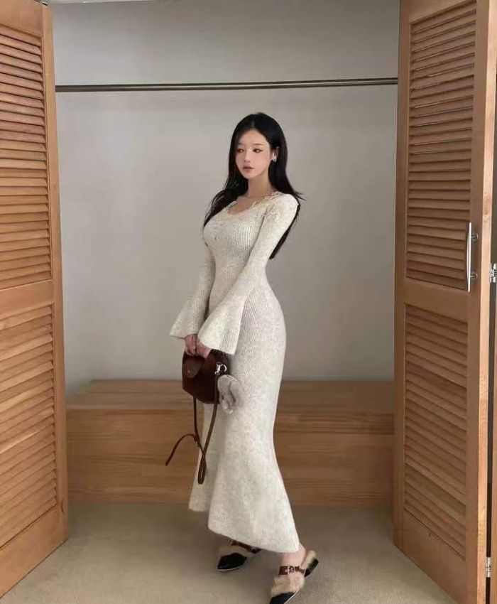 Tender Korean style wool all-match lace embroidery dress