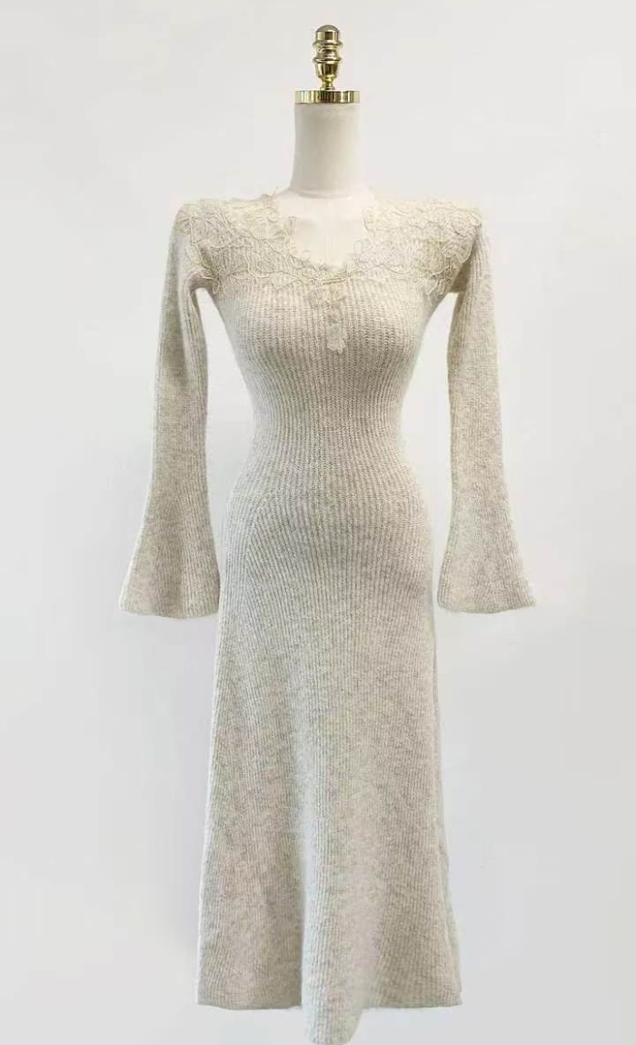 Tender Korean style wool all-match lace embroidery dress