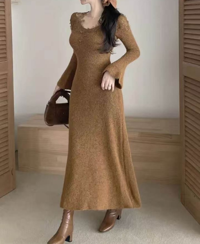 Tender Korean style wool all-match lace embroidery dress