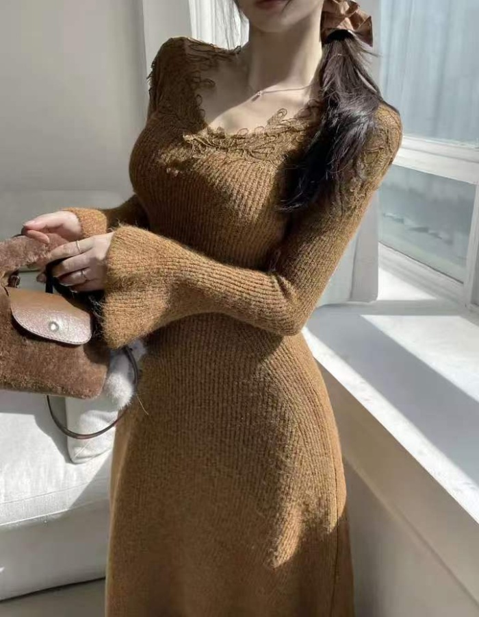 Tender Korean style wool all-match lace embroidery dress
