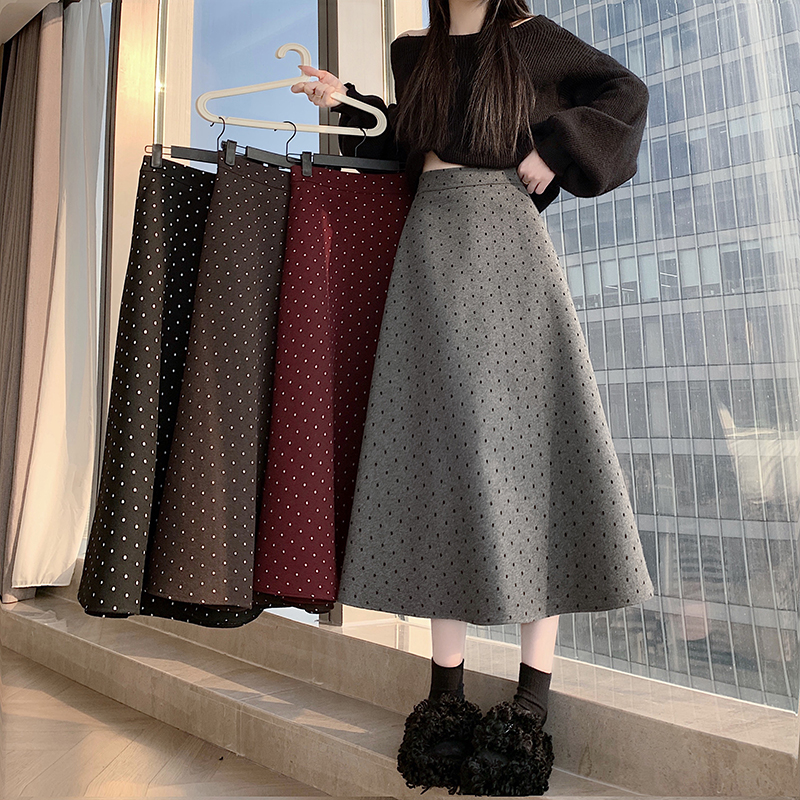 Woolen high waist long Korean style retro skirt