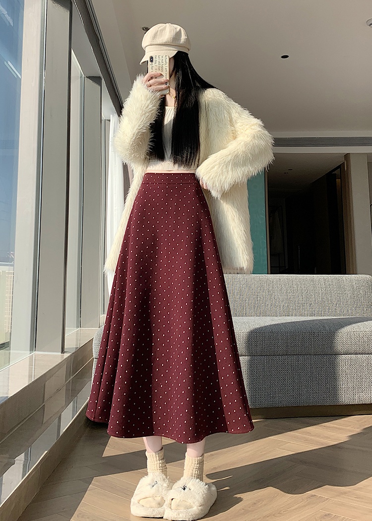 Woolen high waist long Korean style retro skirt