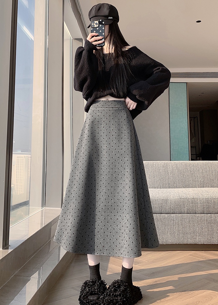 Woolen high waist long Korean style retro skirt