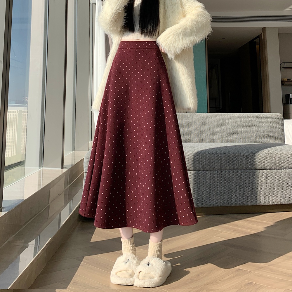 Woolen high waist long Korean style retro skirt