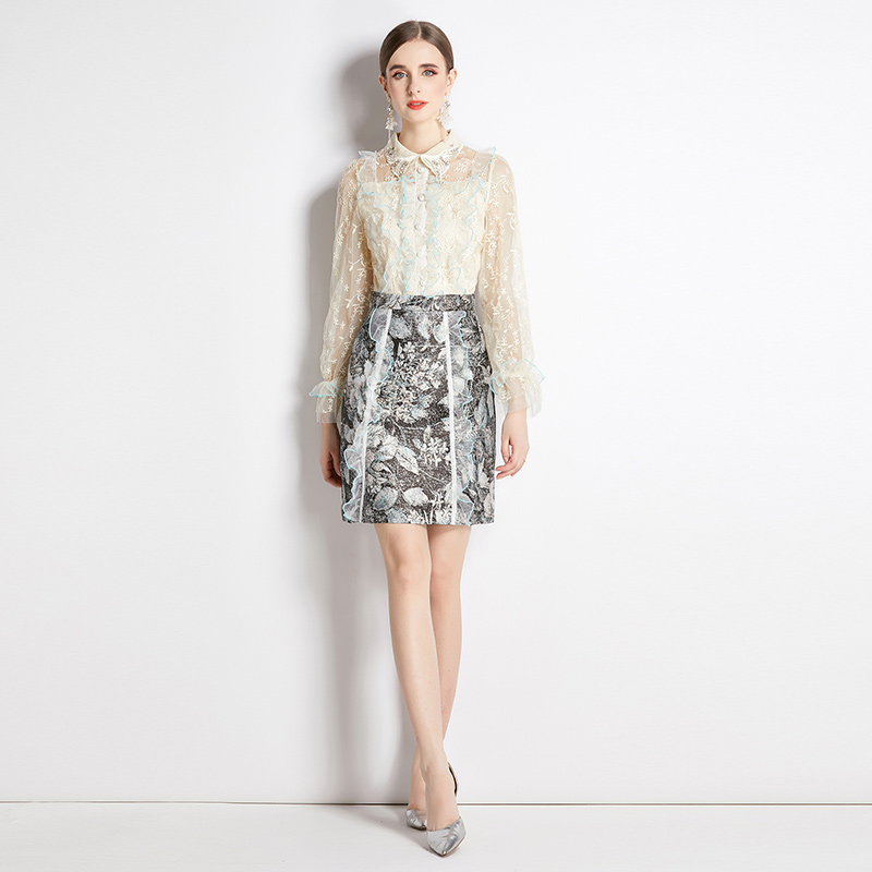 Slim embroidery gold line pullover gauze long sleeve dress