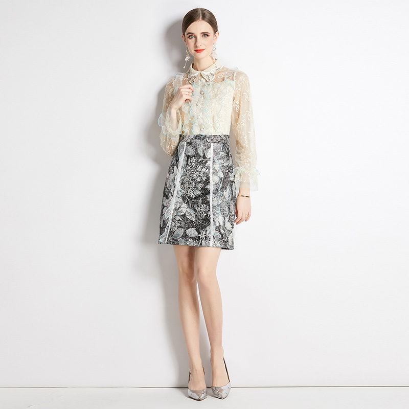 Slim embroidery gold line pullover gauze long sleeve dress