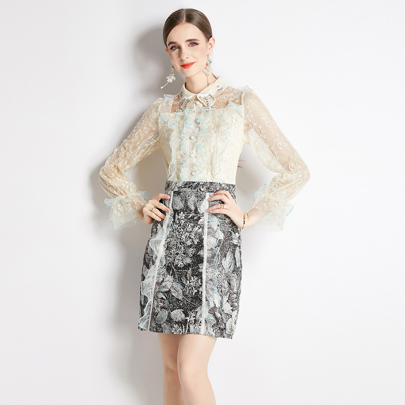Slim embroidery gold line pullover gauze long sleeve dress