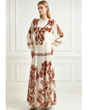 European style printing long dress pinched waist dress