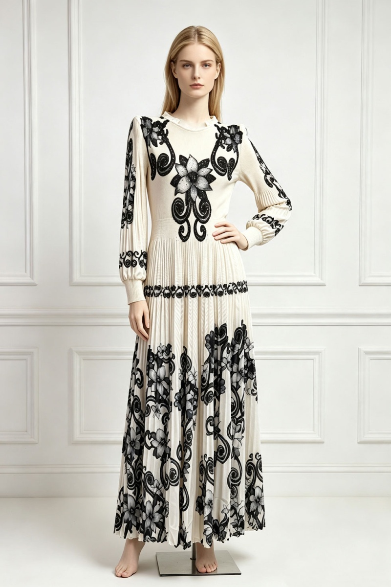 European style printing long dress pinched waist dress