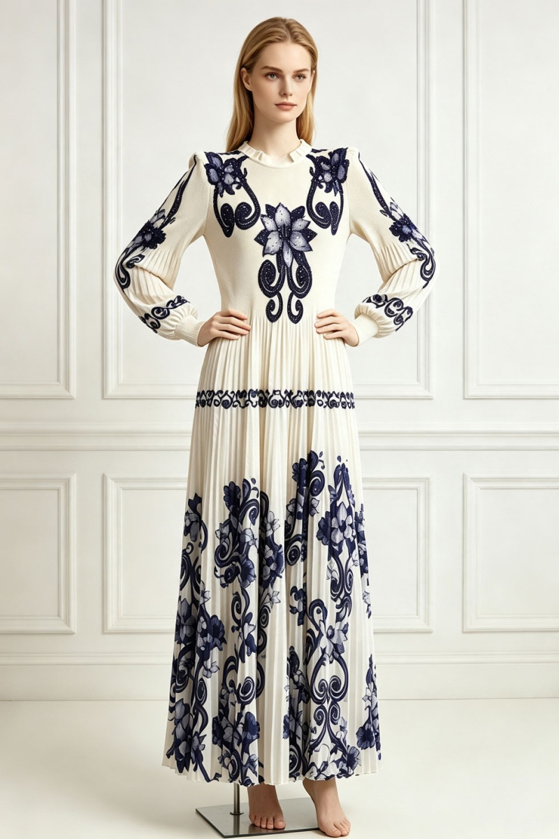 European style printing long dress pinched waist dress