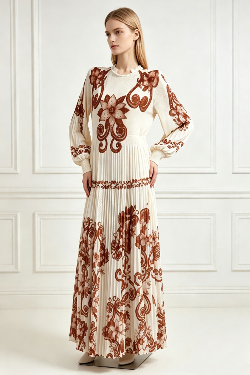 European style printing long dress pinched waist dress
