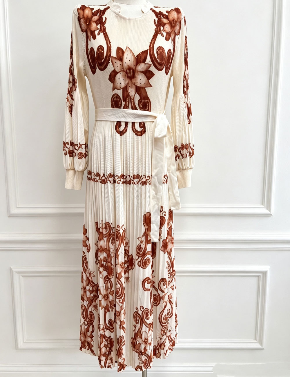 European style printing long dress pinched waist dress
