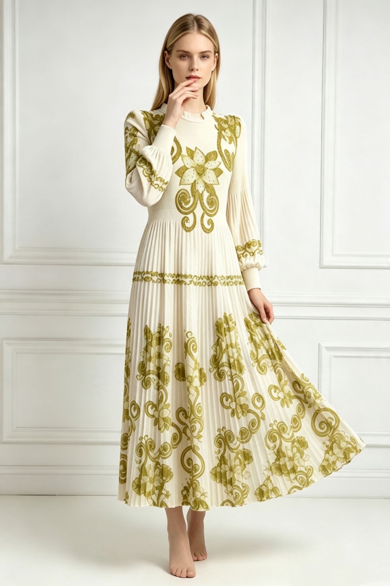 European style printing long dress pinched waist dress