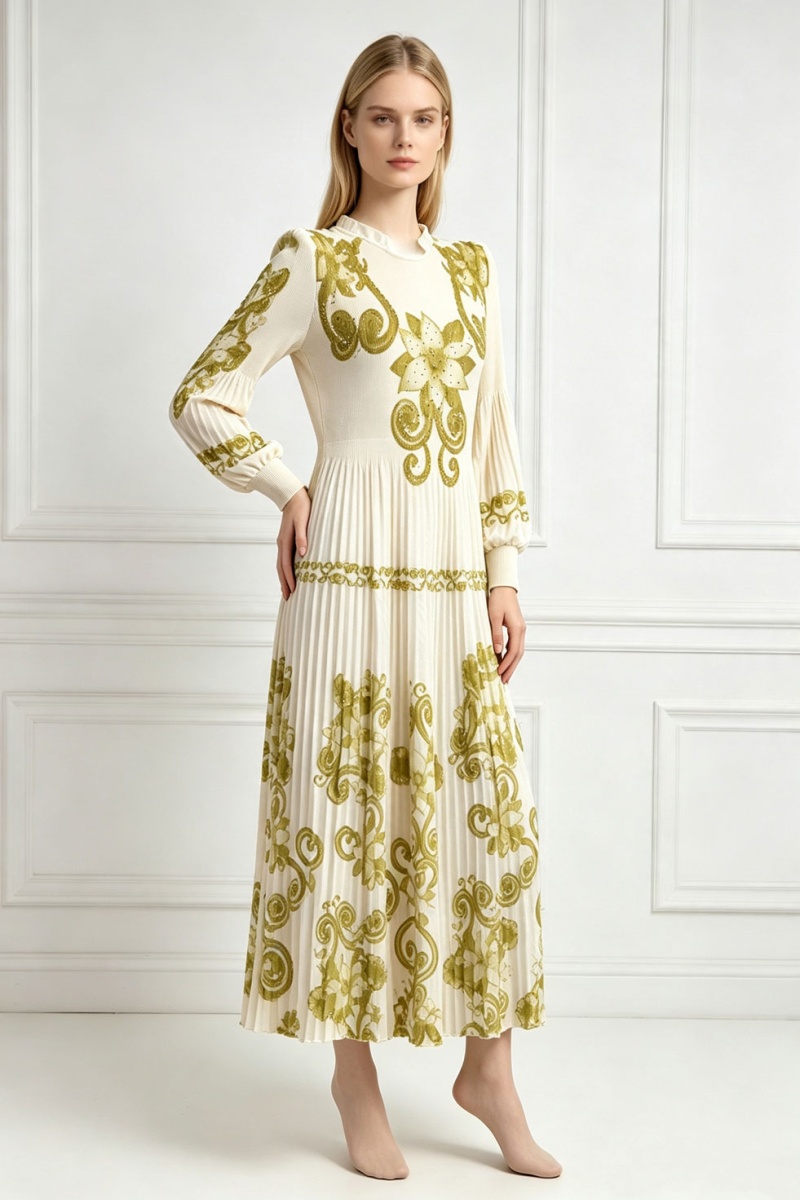 European style printing long dress pinched waist dress