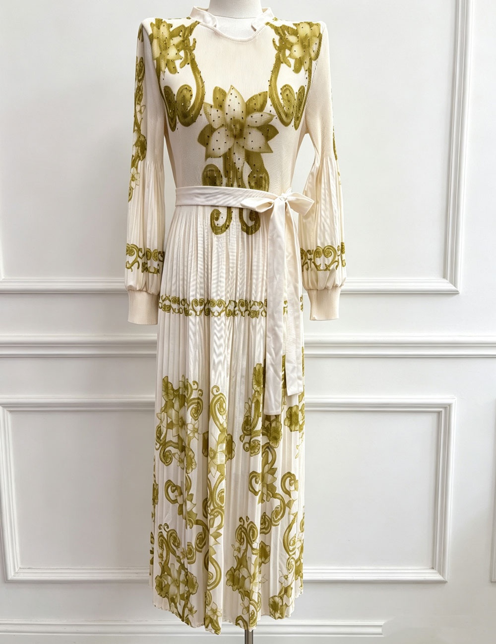 European style printing long dress pinched waist dress
