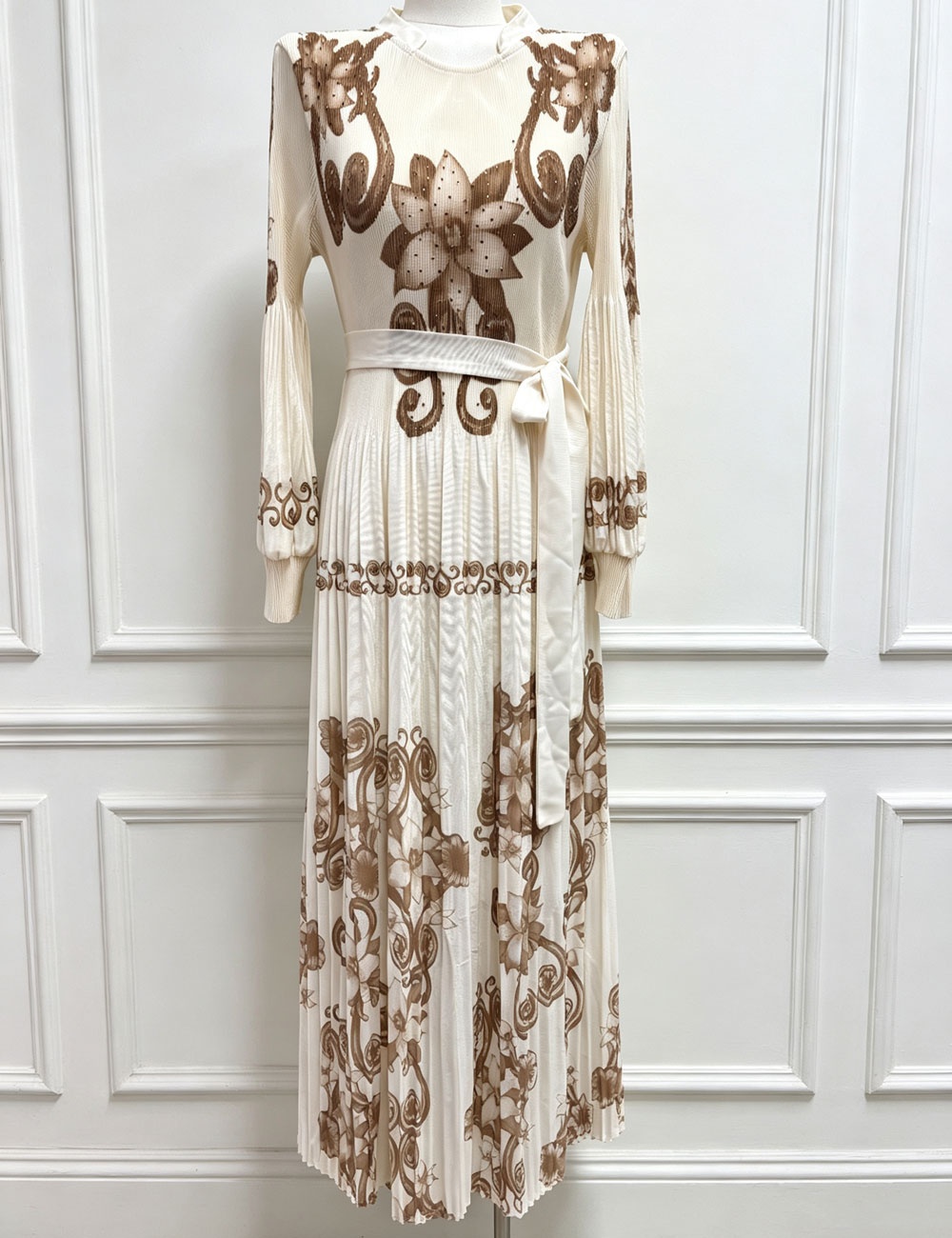 European style printing long dress pinched waist dress