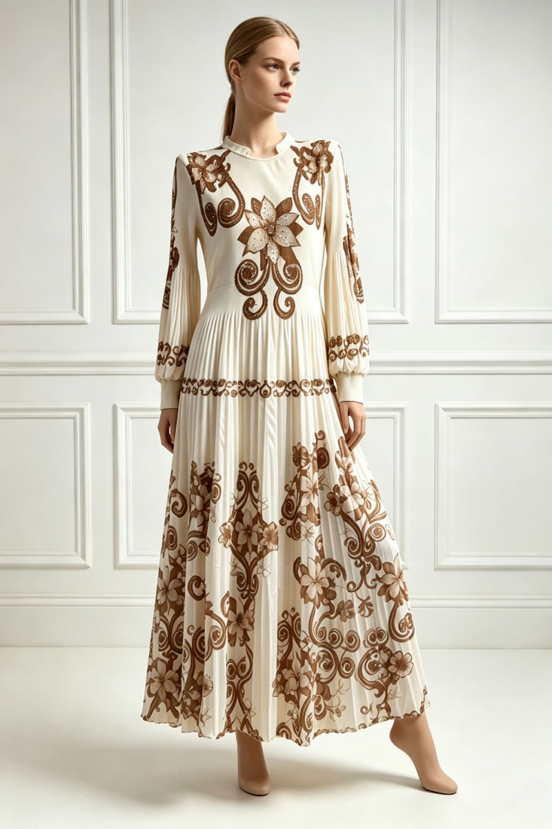 European style printing long dress pinched waist dress