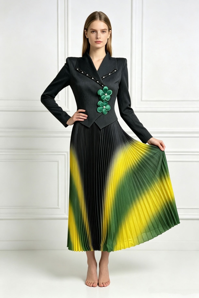 Pleated colors dress gradient printing business suit