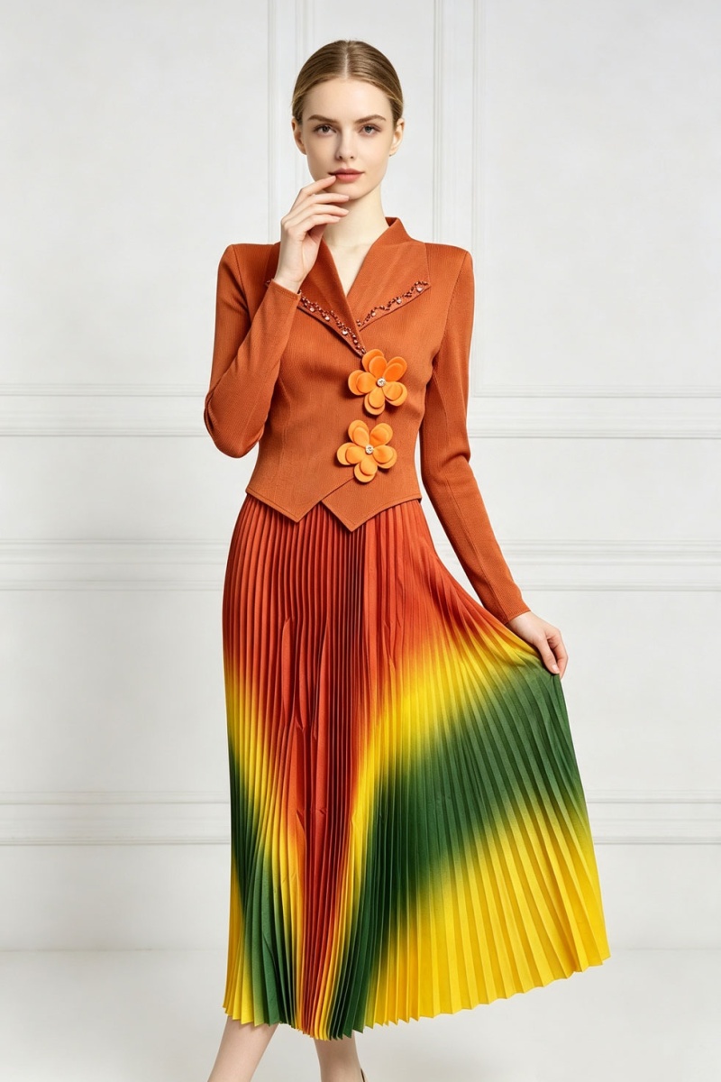 Pleated colors dress gradient printing business suit