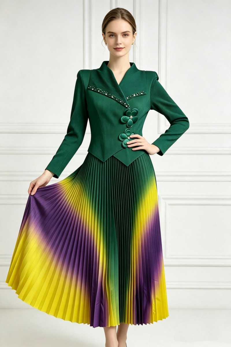 Pleated colors dress gradient printing business suit